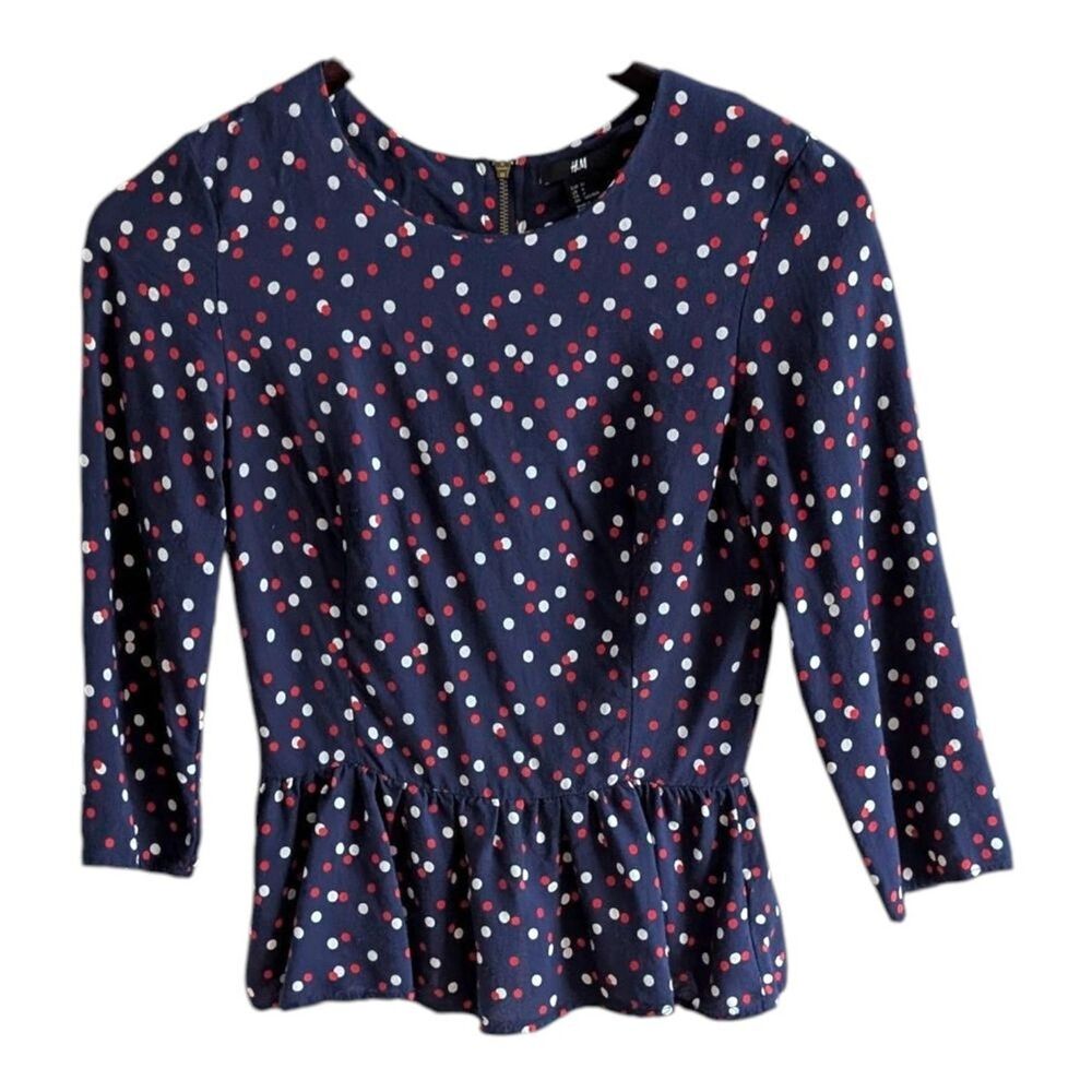 H&M Navy Polka Dot 3/4 Sleeve Peplum Blouse S